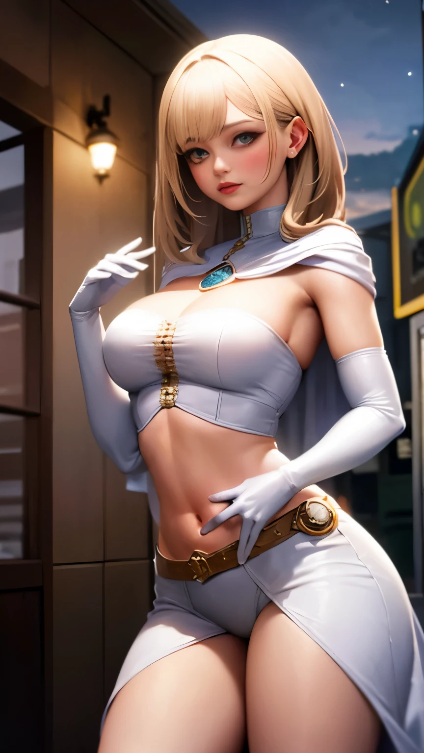 (Highly quality, masterpiece, detailed), night city detailed scenario, night city detailed background, solo, 1 woman, white opera gloves, white leather bodice, midriff, white cape, belt, beautiful eyes, look at the viewer, Sexy pose