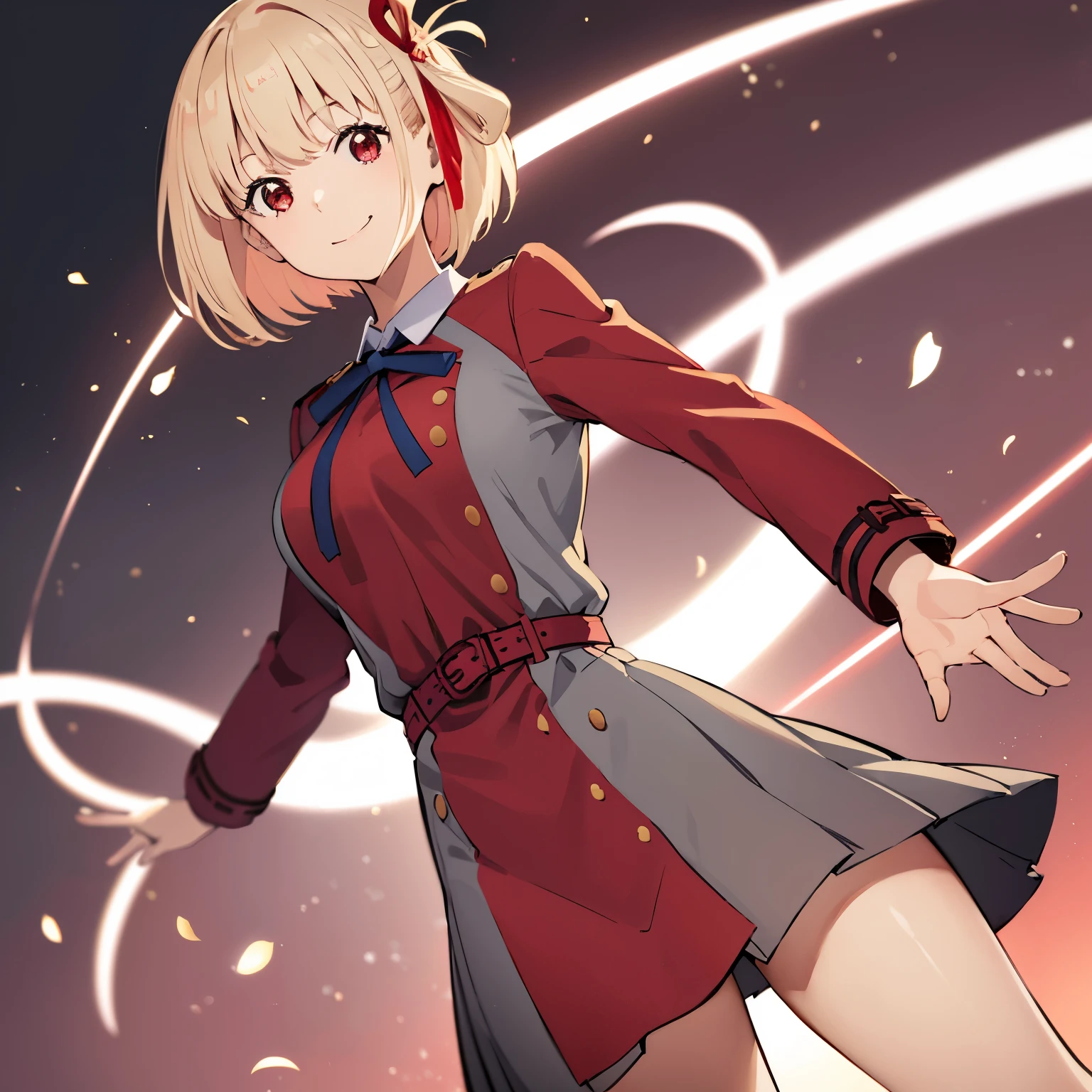 chisato, 1girl, solo, short hair, hair ribbon, breasts, neck ribbon, collared shirt, lycoris uniform, two-tone dress, red dress, grey dress, long sleeves, red belt, face of happiness, smile mouth, (((1girl))),(((Solo))),(((1 person))).