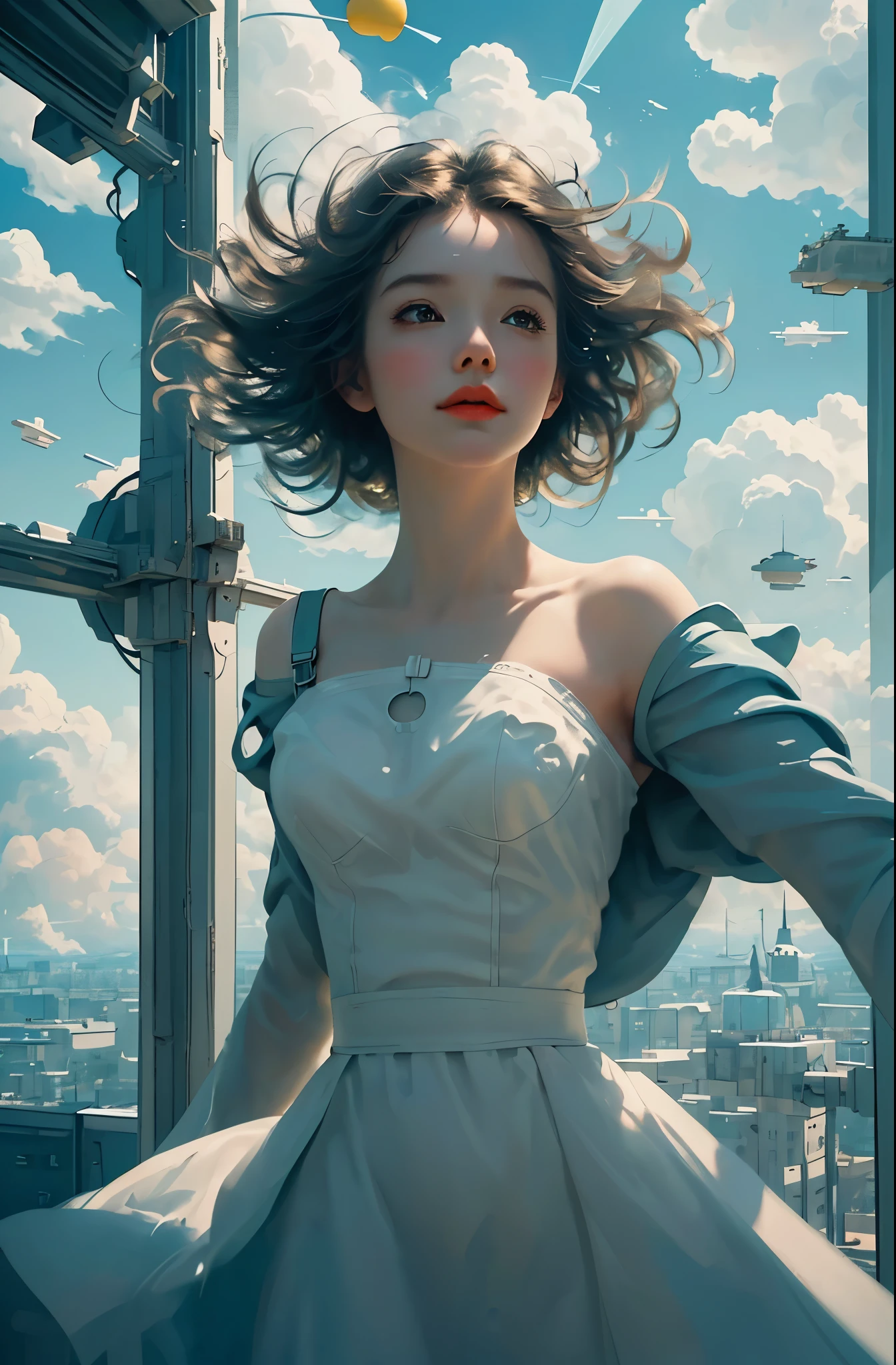 masterpiece, best quality, movie still, 1girl, floating in the sky, cloud girl, cloud, (close-up:1.1), bright, happy, fun, soft lighting, (Bauhaus, shapes, lines, abstract:1.1)