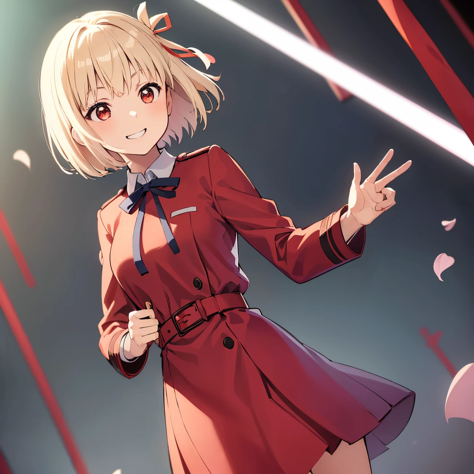 chisato, 1girl, solo, short hair, hair ribbon, breasts, neck ribbon, collared shirt, lycoris uniform, two-tone dress, red dress, grey dress, long sleeves, red belt, face of happiness, smile mouth, (((1girl))),(((Solo))),(((1 person))).