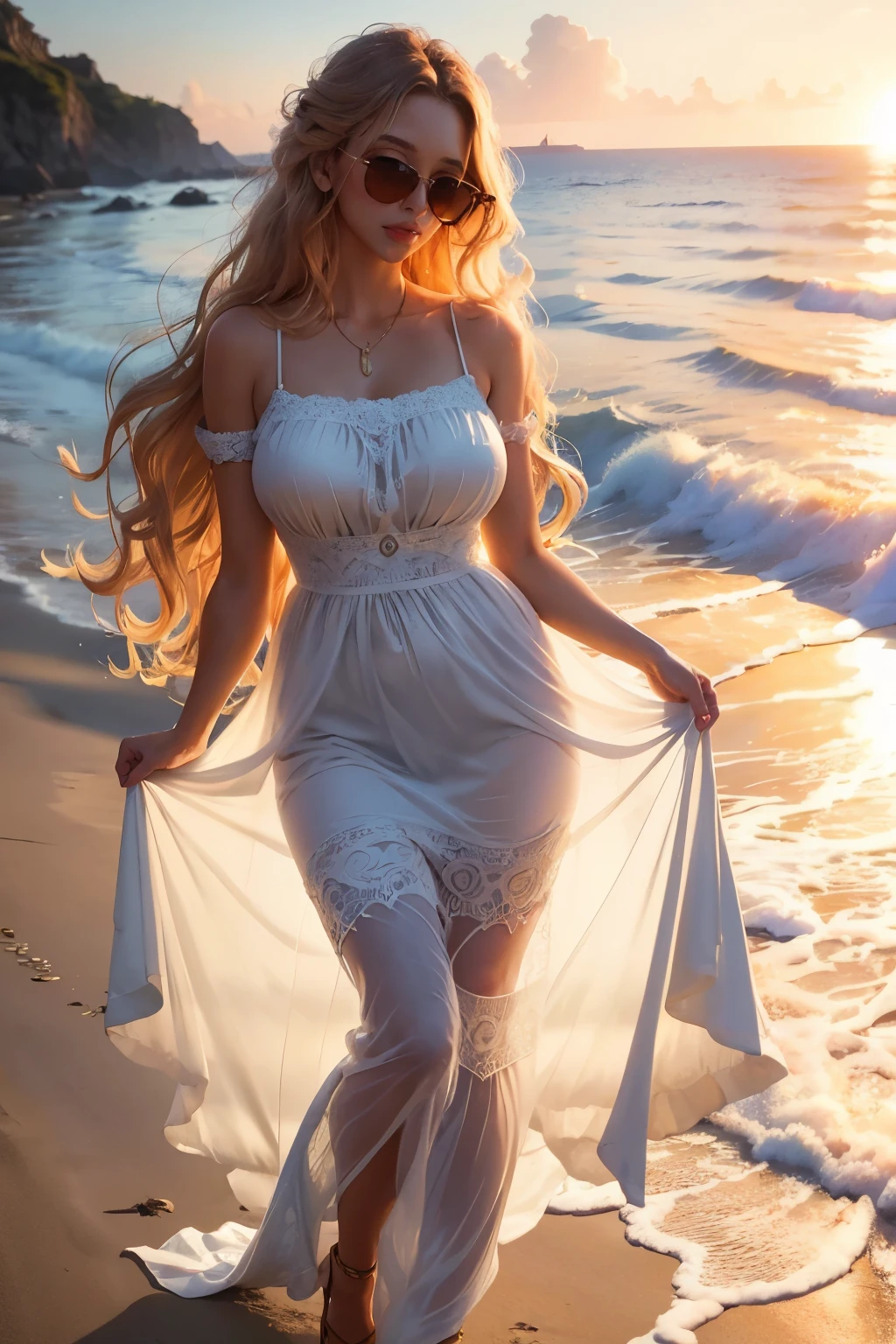 Una dama impresionante, vestida con un vestido de verano fluido, se encuentra en la prístina playa de arena. El sol se esta poniendo, lanzando un cálido, resplandor dorado sobre su figura. su largo, El cabello rizado cae en cascada por su espalda con la suave brisa., atrapando la luz del sol y brillando con reflejos. Las olas rompen contra la orilla, creando una melodía tranquila que calma su mente. ella usa gafas de sol que reflejan el resplandor del sol, sus delgados brazos descansan sobre sus caderas mientras contempla la vasta extensión del océano.. Su postura es relajada, exudando un aire de alegría y paz. Los detalles de su vestido., desde los intrincados patrones hasta