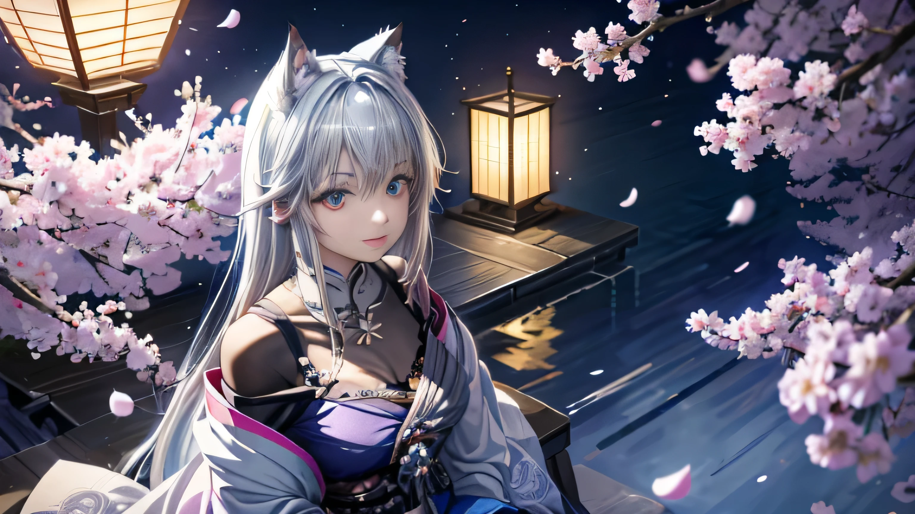 anime, one girl, colorful hair,Silver hair and light blue hair、 Hair is tangled, light blue eyes, Kyoto, cherry blossoms、petal、moon, Kimono with light blue pattern, off shoulder, sitting, alone,cleavage、smile