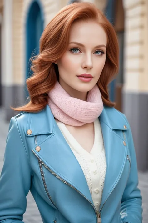 A close-up portrait of a gorgeous, beautiful, stunning russian woman wearing a elegant outfit: a light blue leather jacket, a wh...