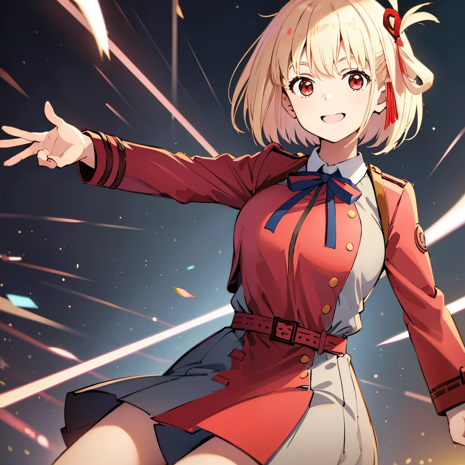 chisato, 1girl, solo, short hair, hair ribbon, breasts, neck ribbon, collared shirt, lycoris uniform, two-tone dress, red dress, grey dress, long sleeves, red belt, face of happiness, smile mouth, (((1girl))),(((Solo))),(((1 person))), city scape.