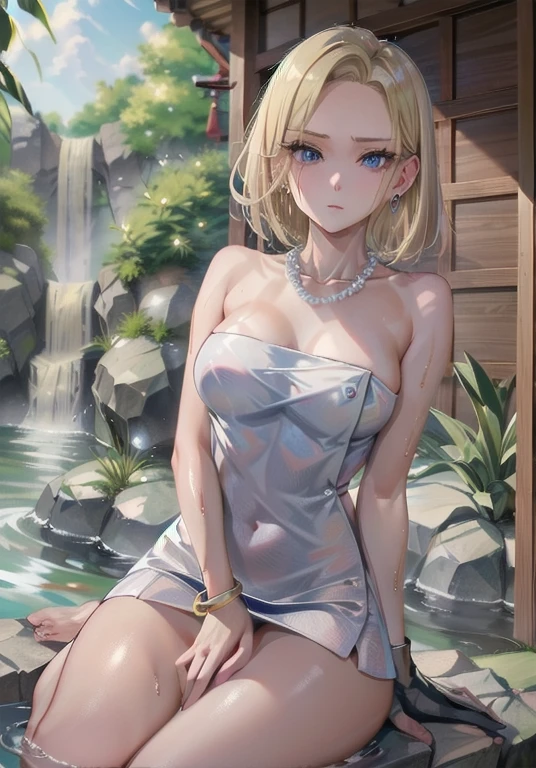 (kda),(and18, 1girl, android 18, solo, blonde hair, blue eyes, pearl_necklace, bracelet, black gloves, short hair, earrings, large breasts),(naked towel), 
master piece,best quality,ultra detailed,8k, Cute, 20s,waist slender, delicate, wet towel, transparent skin, open-air bath,japan,waterfall, glowing,Japanese inn,direct light,(hand between legs:1.3),(shoot from below1.2),glossy skin,wet skin