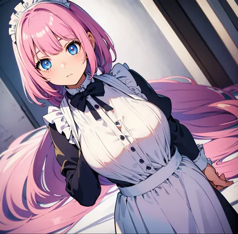 1 girl pink hair maid  blue and white blue eyes Adult mature girl
