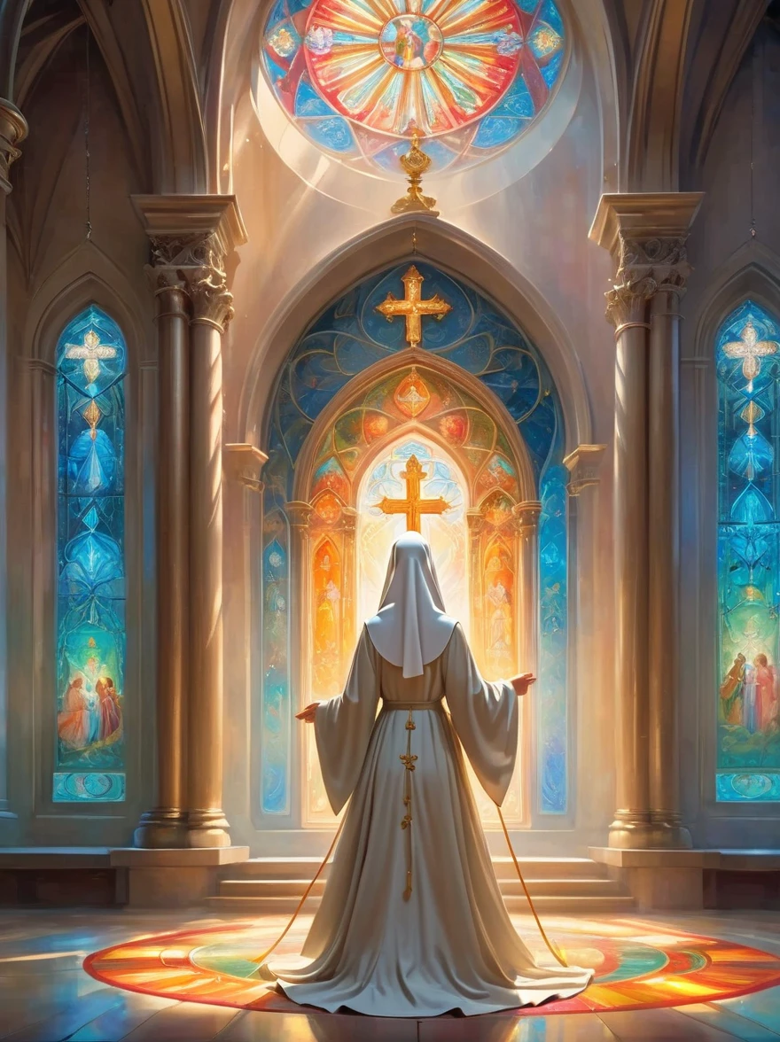 (nun in beautiful church:1.6), Religious atmosphere, stained glass windows, sacred tranquility, intricate details, peaceful atmosphere, calm expression, graceful posture, Sacred Silence, bright colors, Calm gaze, gentle brushstrokes, ethereal light, eternal beauty, quiet spirituality, Divine inspiration, Divine piety, thin coat of varnish, Composition with delicate brushstrokes, subtle shades, Charming atmosphere, divine light, religious icons, Peaceful solitude, enlightenment, devotional experience, Meditation of tranquility, deep tranquility, Realistic, Neon lights, (Liquid light background), (UHD), (8k), masterpiece, ccurate, anatomically correct, textured skin, super detail, high details, award winning, best quality