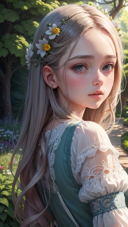 A girl in a garden,beautiful detailed eyes,beautiful detailed lips,extremely detailed eyes and face,longeyelashes,illustration,ultra-detailed,hdr,vivid colors,(best quality,4k,8k,highres,masterpiece:1.2),landscape,bokeh,soft natural lighting