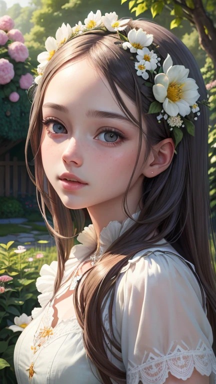 A girl in a garden,beautiful detailed eyes,beautiful detailed lips,extremely detailed eyes and face,longeyelashes,illustration,ultra-detailed,hdr,vivid colors,(best quality,4k,8k,highres,masterpiece:1.2),landscape,bokeh,soft natural lighting