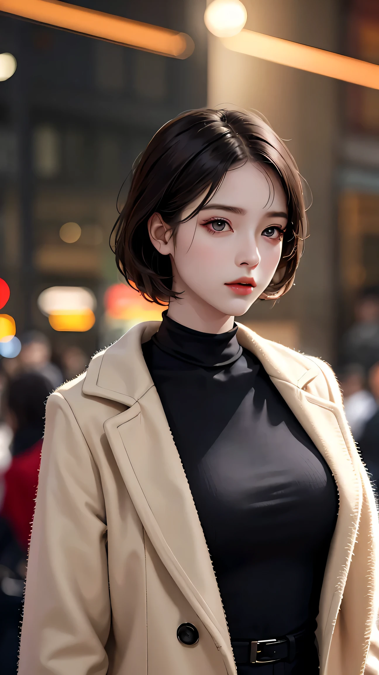 Beautiful girl with realistic black eyes, pale skin, medium length black hair, perfect face, perfect eyes, wearing a coat, very detailed, comprehensive movie, digital painting, 8K, cinematic lighting, highest quality, High resolution, great work, Post-processing, perfect result, surreal，(((revealing clothes)))，big breasts