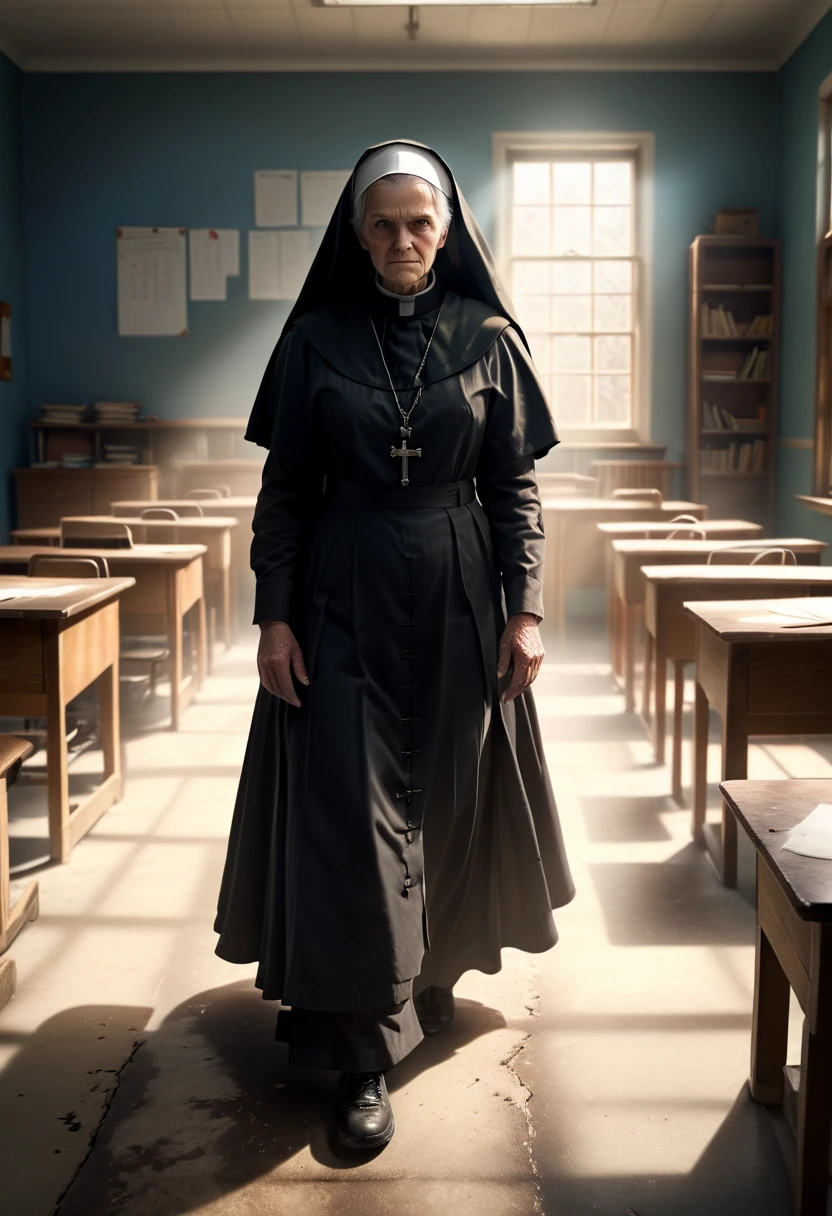 (best quality,8k,highres,masterpiece:1.2),abstract ,an old nun, big and fat, menacing, malicious, stands in the classroom between the desks with a large wooden ruler in her hand, ,surrounded by frightened students,