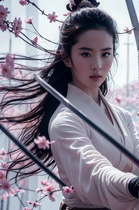 sword sakura,Predominant_Body,1 girl,arms,sword,black hair,flower petals,樱flower,long hair,Chinese clothes,vague,OK,hair accesso...