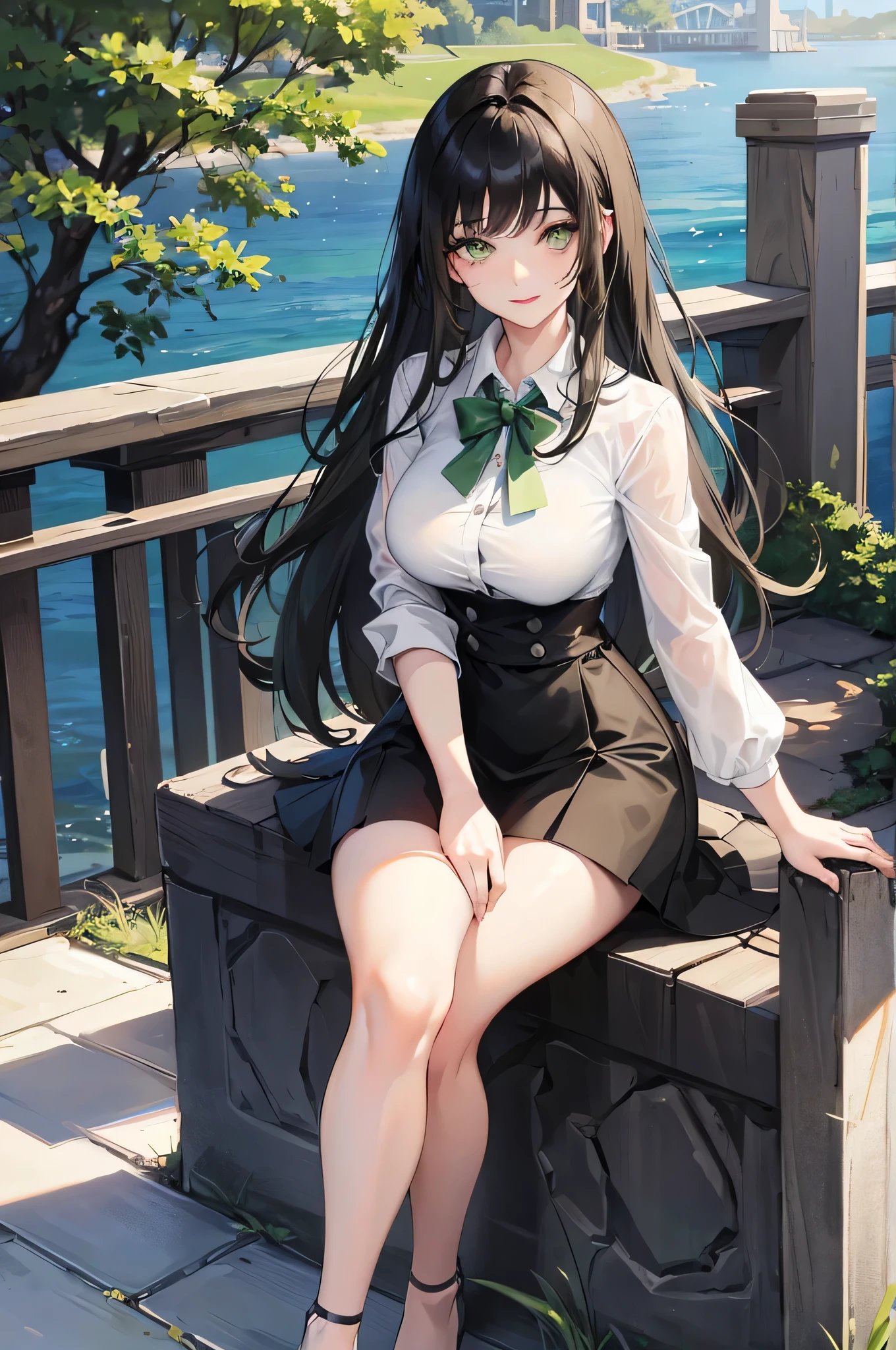 Anime girl sitting on a bench with her legs crossed - SeaArt AI