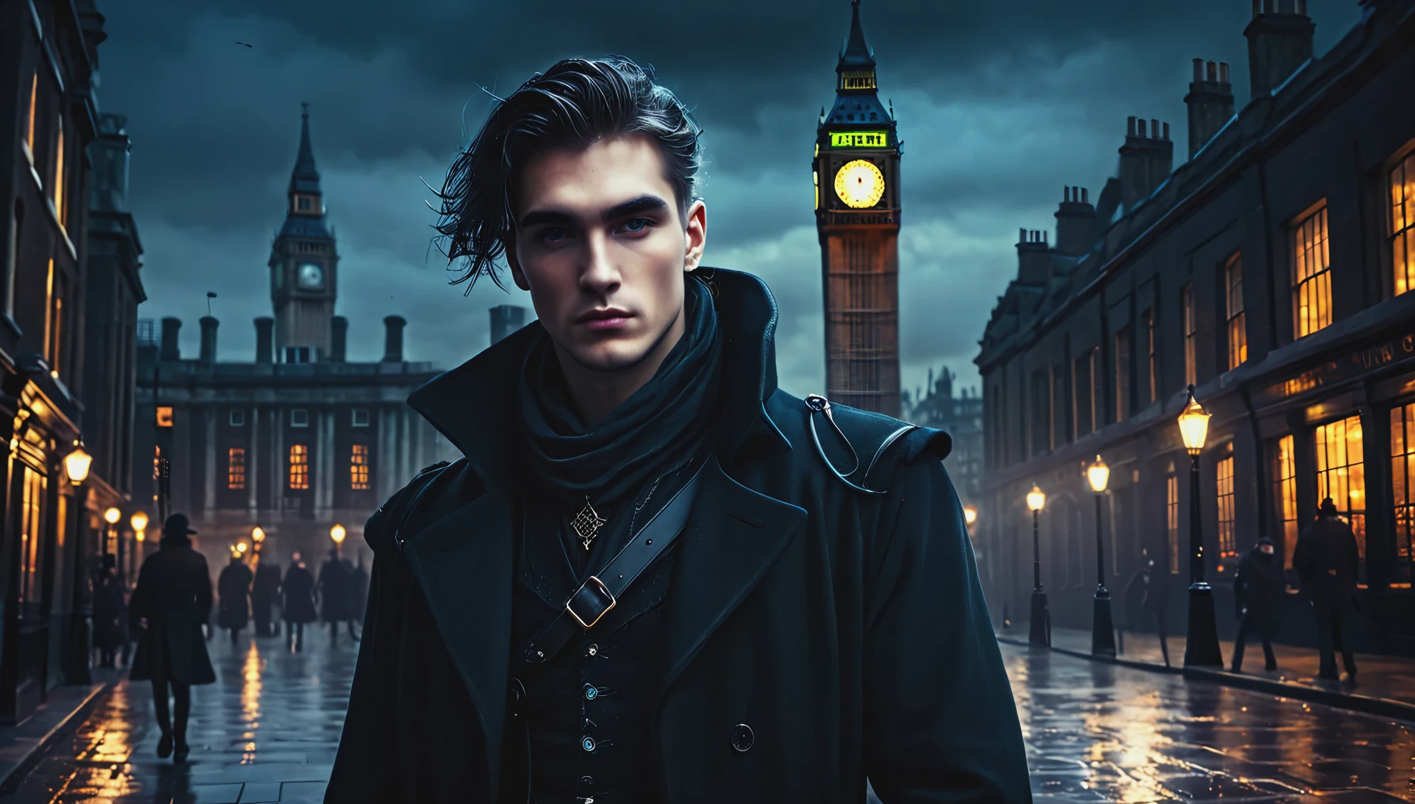 Guy in London in dark fantasy style