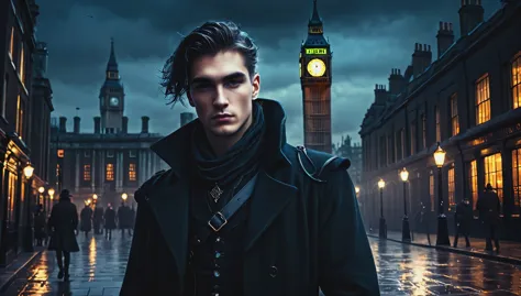 Guy in London in dark fantasy style