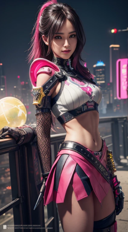 cores rosa e brilhantes, Cyberpunk 25, perfeito, sorriso, As ombreiras têm pontas de metal., Ponte do Brooklyn, saia curta, Heavy metal é uma inspiração., Top curto branco e dourado, Proteção de couro no braço esquerdo com gráficos complexos., Vermelho escuro com estrelas brancas e um padrão xadrez branco e azul., armaduras, design intrincado, segurando um globo brilhante
