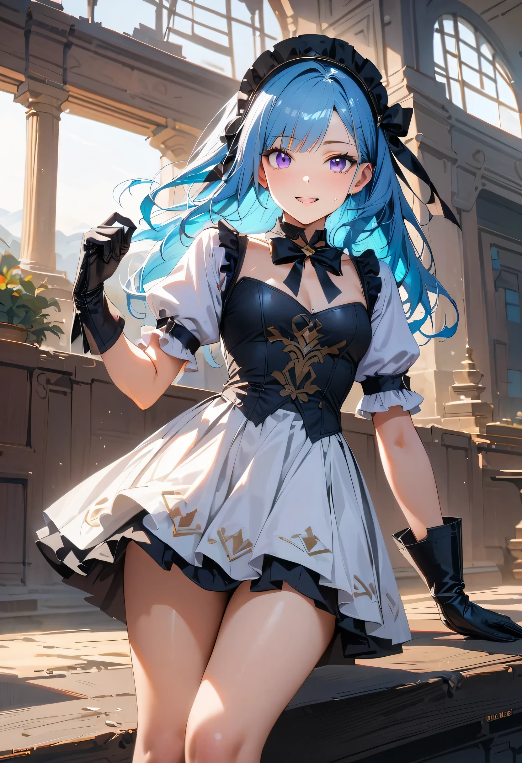 Korean,actual, masterpiece, final details, photo actual, intricate details, octane rendering, 8K, 1 girl, Perfect face shape, pretty face, New World Foundation, slot reference, detail hair,, black bow, black Gloves, black legs, blue eyes, blue hair, bow, clavicle, skirt, drill hair, Ruffles, Ruffles, Gloves, Gwen, headskirt, high resolution, long hair, open lips, puff sleeves, purple eyes, Smile, alone, white skirt, oily skin,
