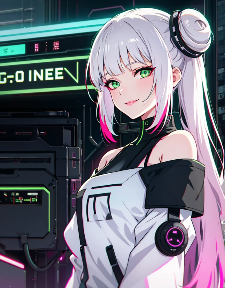 1girl, solo, white hair, hair in two buns, barcode, looking at viewer, lips, chromatic aberration, alluring smirk, long hair, upper body, off shoulder, android, shirt, cyberpunk, glowing green eyes,science fiction, cable,neon lights,(cyberpunk:1.2), looking over shoulder