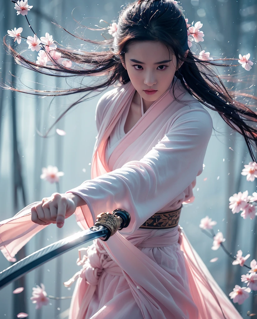 sword sakura,Predominant_Body,1 girl,arms,sword,black hair,flower petals,樱flower,long hair,Chinese clothes,vague,OK,hair accessories,Keep arms,looking at the audience,Keep sword,Keep,long sleeves,facial markings,single OK,flower, Outdoor sports,Best quality,masterpiece,illustration,extremely delicate and beautiful,CG,unity,8k wallpaper,amazing,fine details,masterpiece,official art,Very detailed CG unity 8k wallpaper,Extremely ridiculous,File size is large,super detailed,high resolution,Very detailed,Beautiful and delicate girl,actual,rain, wet, transparent silk hanfu, show breast, show nipples, clean areola