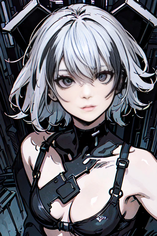 ((Blanc Gris＆Cheveux noirs bicolores、 Cheveux courts avec cheveux longs autour du visage))、((ruines)), ((Mode Cyberpunk)),style dessin animé, éléments d&#39;horreur, Illustrations de style bande dessinée, (style de dessin), augmentation mammaire、 (fantasmagorique), cirque, illustration folle, illustration plate、Petits yeux