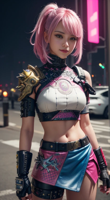 cores rosa e brilhantes, Cyberpunk 25, perfeito, sorriso, As ombreiras têm pontas de metal., Ponte do Brooklyn, saia curta, Heavy metal é uma inspiração., Top curto branco e dourado, Proteção de couro no braço esquerdo com gráficos complexos., Vermelho escuro com estrelas brancas e um padrão xadrez branco e azul., armaduras, design intrincado, segurando um globo brilhante
