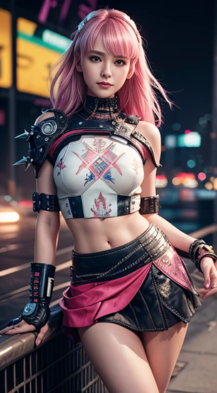 cores rosa e brilhantes, Cyberpunk 25, perfeito, sorriso, As ombreiras têm pontas de metal., Ponte do Brooklyn, saia curta, Heavy metal é uma inspiração., Top curto branco e dourado, Proteção de couro no braço esquerdo com gráficos complexos., Vermelho escuro com estrelas brancas e um padrão xadrez branco e azul., armaduras, design intrincado, segurando um globo brilhante
