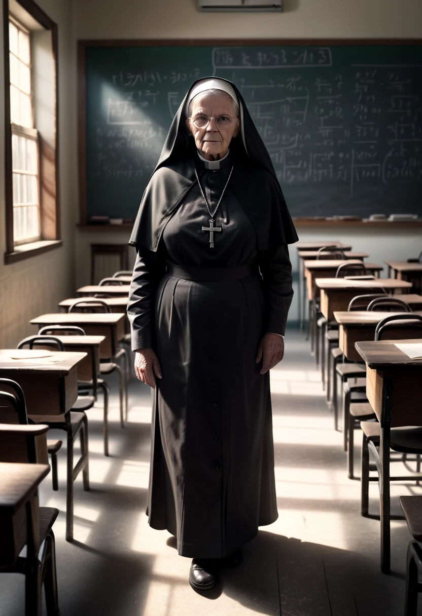 (best quality,8k,highres,masterpiece:1.2),abstract ,an old nun, big and fat, menacing, malicious, stands in the classroom between the desks with a large wooden ruler in her hand, ,surrounded by frightened students,