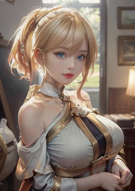 "(masterpiece, best quality, realism, real, photo: 1.4), Ji Xiaoman, Blonde, very cute face, blue eyes, Upper body, big breasts,...