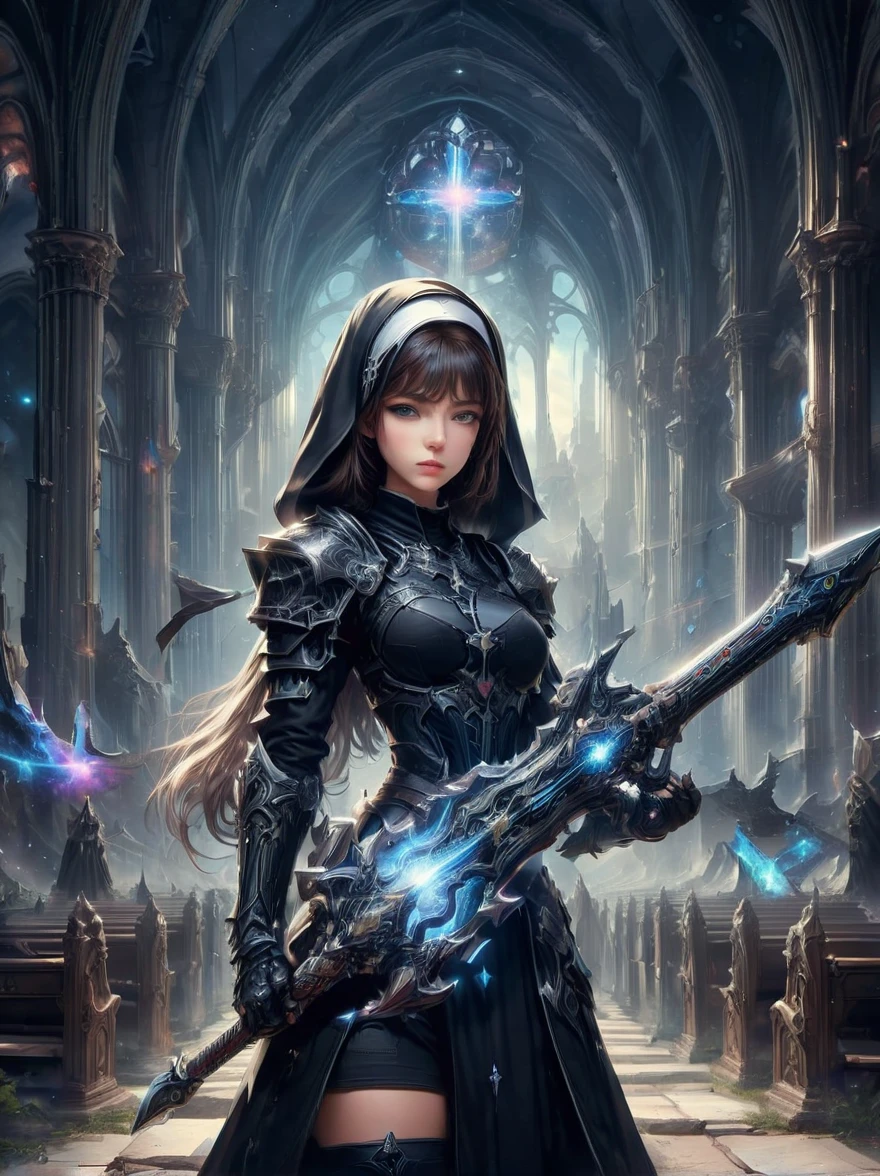 Fantasy game anime character，(nun:1.4)，((Wearing black nun clothes))，Wield the Galaxy Axe，church background，the art of mathematics，Super detailed，Super detailed，HD，masterpiece，best quality