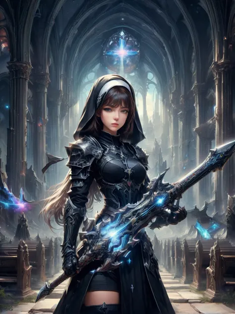 Fantasy game anime character，(nun:1.4)，((穿着黑色nun服))，Wield the Galaxy Axe，church background，the art of mathematics，Super detailed...