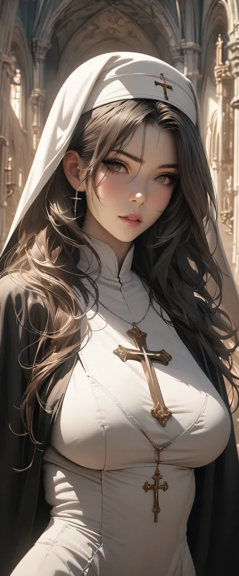 nun，full breasts，church，cross，8k，Super fine，hyper-realistic，masterpiece，high quality，Rich details