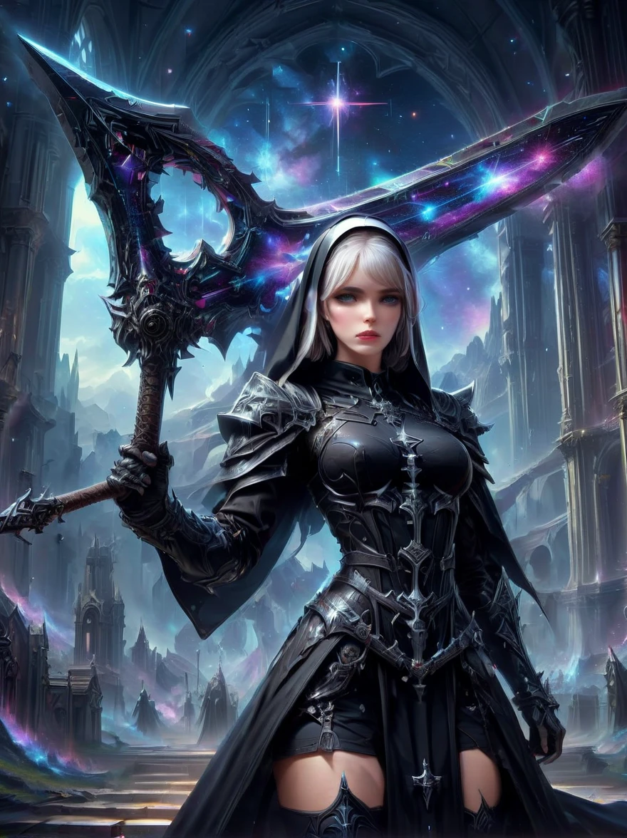 Fantasy game anime character, (nun:1.4), ((Wearing a black nun dress)), Wield the Galaxy Axe, church background, the art of mathematics, Super detailed, Super detailed, HD, masterpiece, best quality