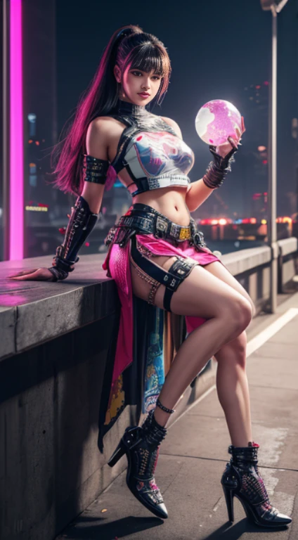 cores rosa e brilhantes, Cyberpunk 25, perfeito, sorriso, As ombreiras têm pontas de metal., Ponte do Brooklyn, saia curta, Heavy metal é uma inspiração., Top branco e dourado com peito aberto., Proteção de couro no braço esquerdo com gráficos complexos., Vermelho escuro com estrelas brancas e um padrão xadrez branco e azul., armaduras, design intrincado, Posando com salto alto estilo cyberpunk.,segurando um globo brilhante