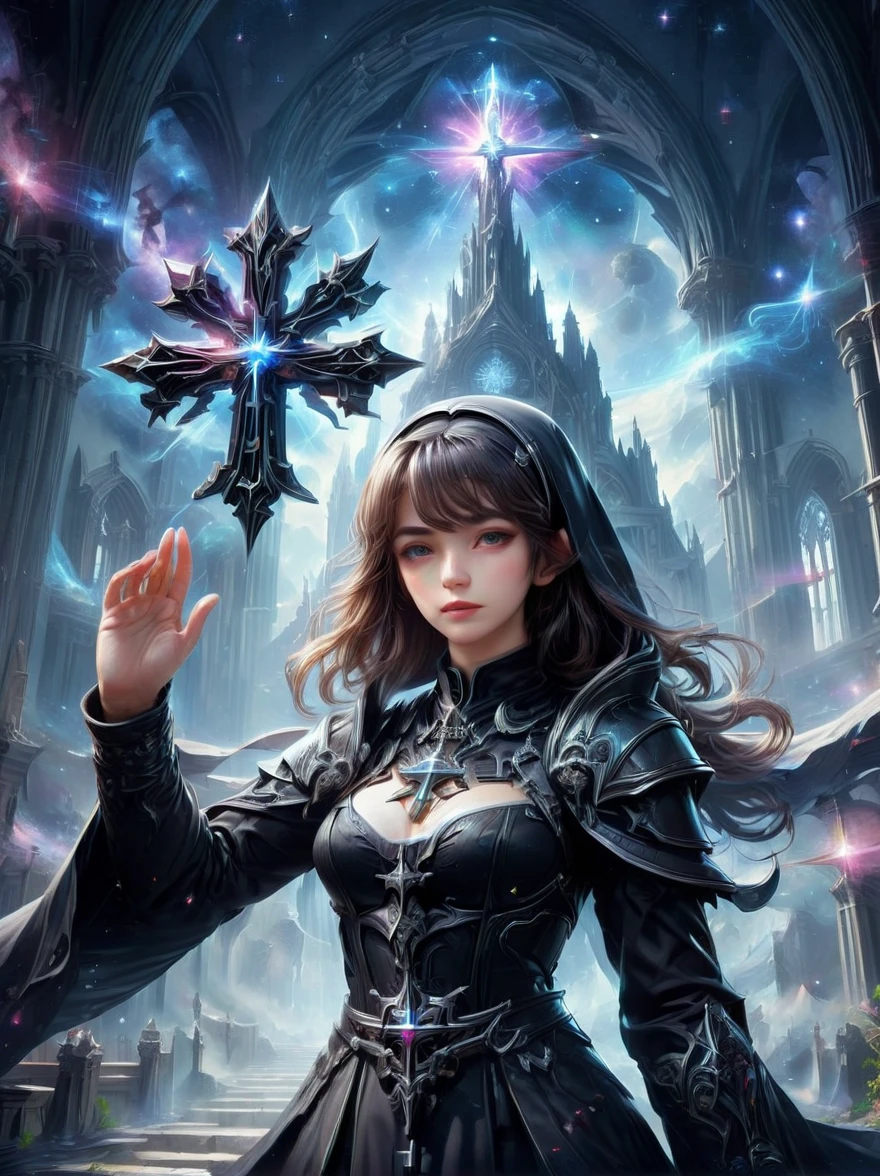 Fantasy game anime character，(nun:1.4)，((Wearing black nun clothes))，Waving the Galactic Cross，church background，the art of mathematics，Super detailed，Super detailed，HD，masterpiece，best quality