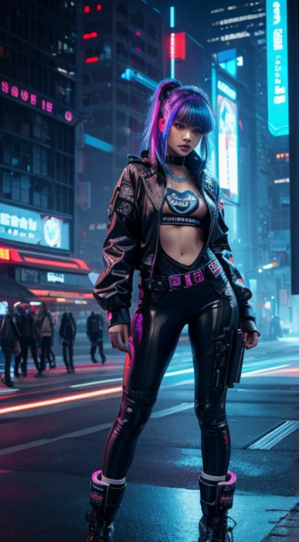 1 girl,Imagine a young girl in a cyberpunk atmosphere.,She has striking colored hair., For example, neon blue or dark red.,in your eyes, Add a touch of cybernetics or futuristic contact lenses that reflect the essence of advanced technology.,The clothes you wear should be a mix of urban, futuristic and cool styles.,in the background, Shows a city full of neon decorations and holograms., Create a unique atmosphere for the cyberpunk world.,Don&#39;t forget to display high-tech elements such as flying drones., Flying Car, or a beautiful skyscraper,Let this woman hold the weapons of the future.,She is shown to be a strong character with special skills in technology and combat.. in addition, Add cyberpunk accessories like holographic tattoos or futuristic accessories to complete his look.,
