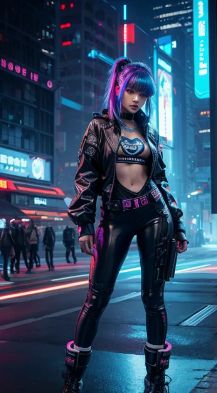 1 girl,Imagine a young girl in a cyberpunk atmosphere.,She has striking colored hair., For example, neon blue or dark red.,in yo...