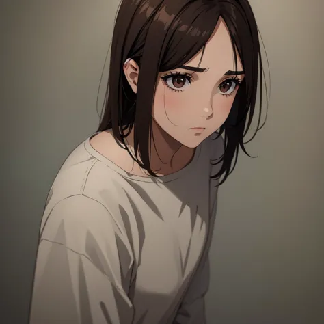 a girl in her twenties, with brown eyes and dark hair, with a forlorn expression and smudged makeup. In a melancholic background