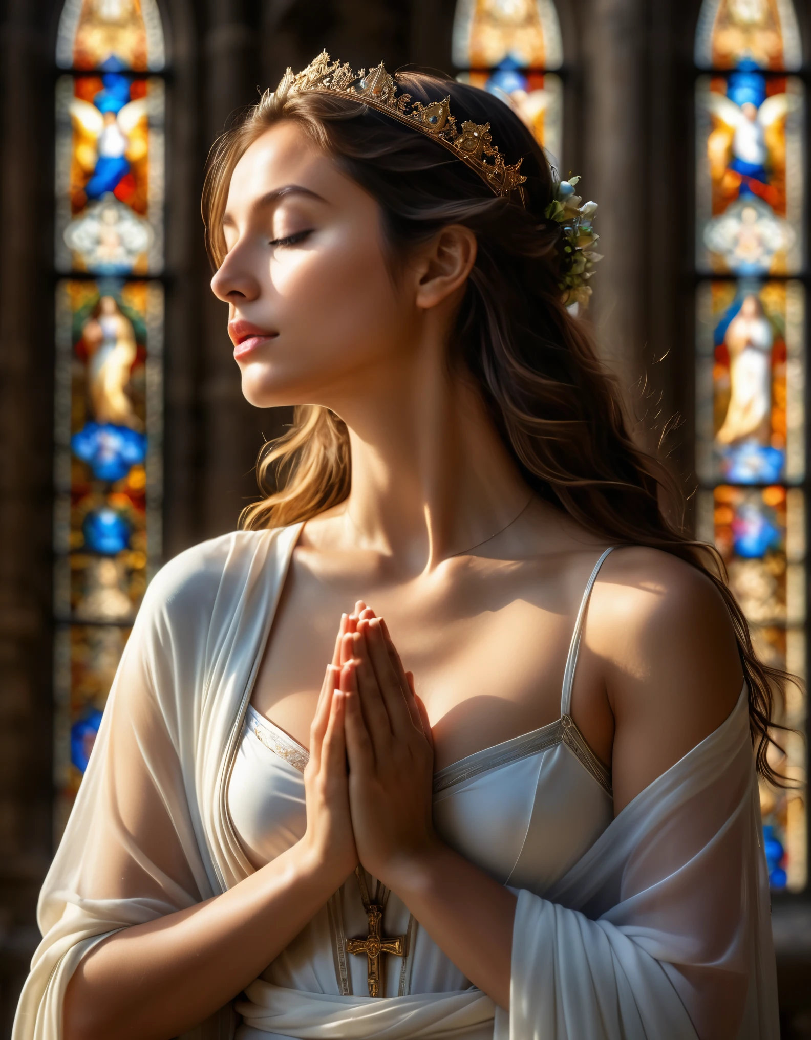 (best quality,4k,8k,highres,masterpiece:1.2),ultra-detailed,(realistic,photorealistic,photo-realistic:1.37),cathedral,girl praying to God,nude,artistic photo,pure beauty,sunlight streaming through stained glass windows,serene expression,innocent and ethereal,breathtaking atmosphere,hushed whispers of devotion,divine connection,transcendent moment,sacredness,dreamlike quality,sublime lighting,architectural magnificence,divine embrace,elaborate sculptures and carvings,heavenly aura,spiritual journey,vibrant colors,dappled light,ethereal glow,heavenly realm,the girl's graceful curves highlighted by the sunlight,female form celebrated as art,prayerful solitude,peaceful serenity,spiritual enlightenment,unspoken desires,touch of vulnerability,celestial ethereality,magical realism,exquisite details,poetic composition