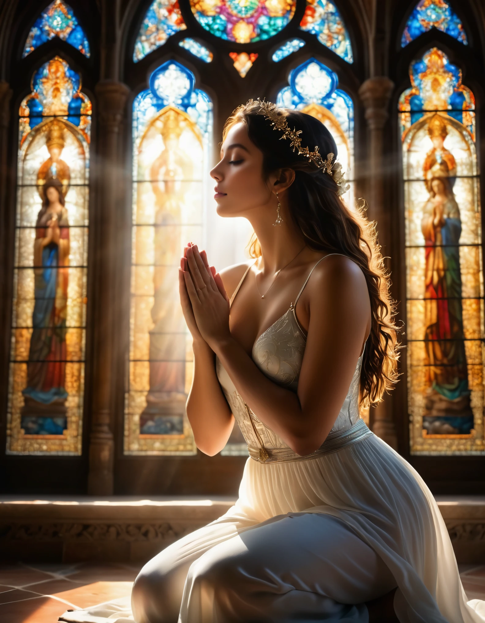 (best quality,4k,8k,highres,masterpiece:1.2),ultra-detailed,(realistic,photorealistic,photo-realistic:1.37),cathedral,girl praying to God,nude,artistic photo,pure beauty,sunlight streaming through stained glass windows,serene expression,innocent and ethereal,breathtaking atmosphere,hushed whispers of devotion,divine connection,transcendent moment,sacredness,dreamlike quality,sublime lighting,architectural magnificence,divine embrace,elaborate sculptures and carvings,heavenly aura,spiritual journey,vibrant colors,dappled light,ethereal glow,heavenly realm,the girl's graceful curves highlighted by the sunlight,female form celebrated as art,prayerful solitude,peaceful serenity,spiritual enlightenment,unspoken desires,touch of vulnerability,celestial ethereality,magical realism,exquisite details,poetic composition