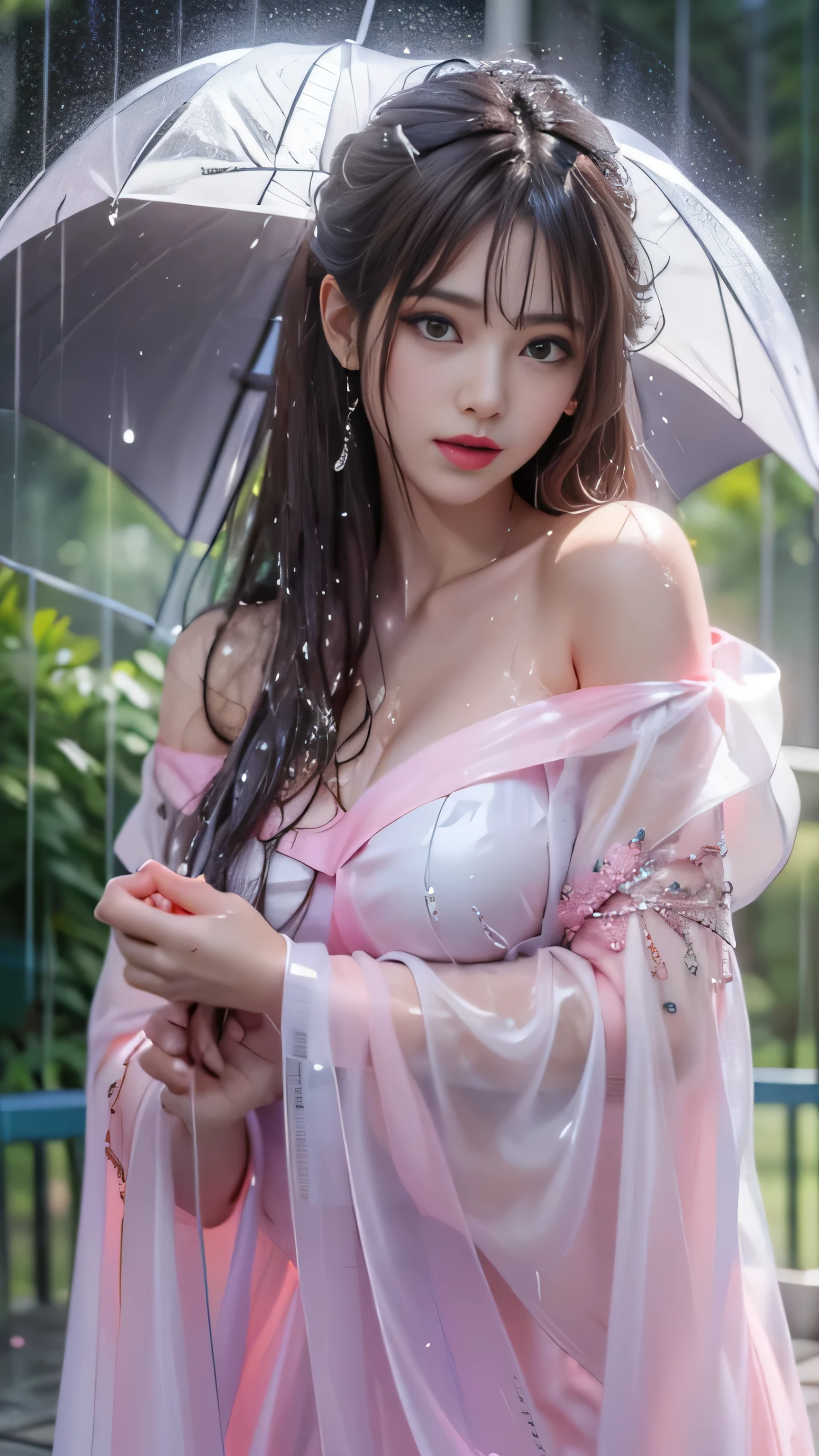 Araffe asian woman in a pink dress holding an umbrella - SeaArt AI