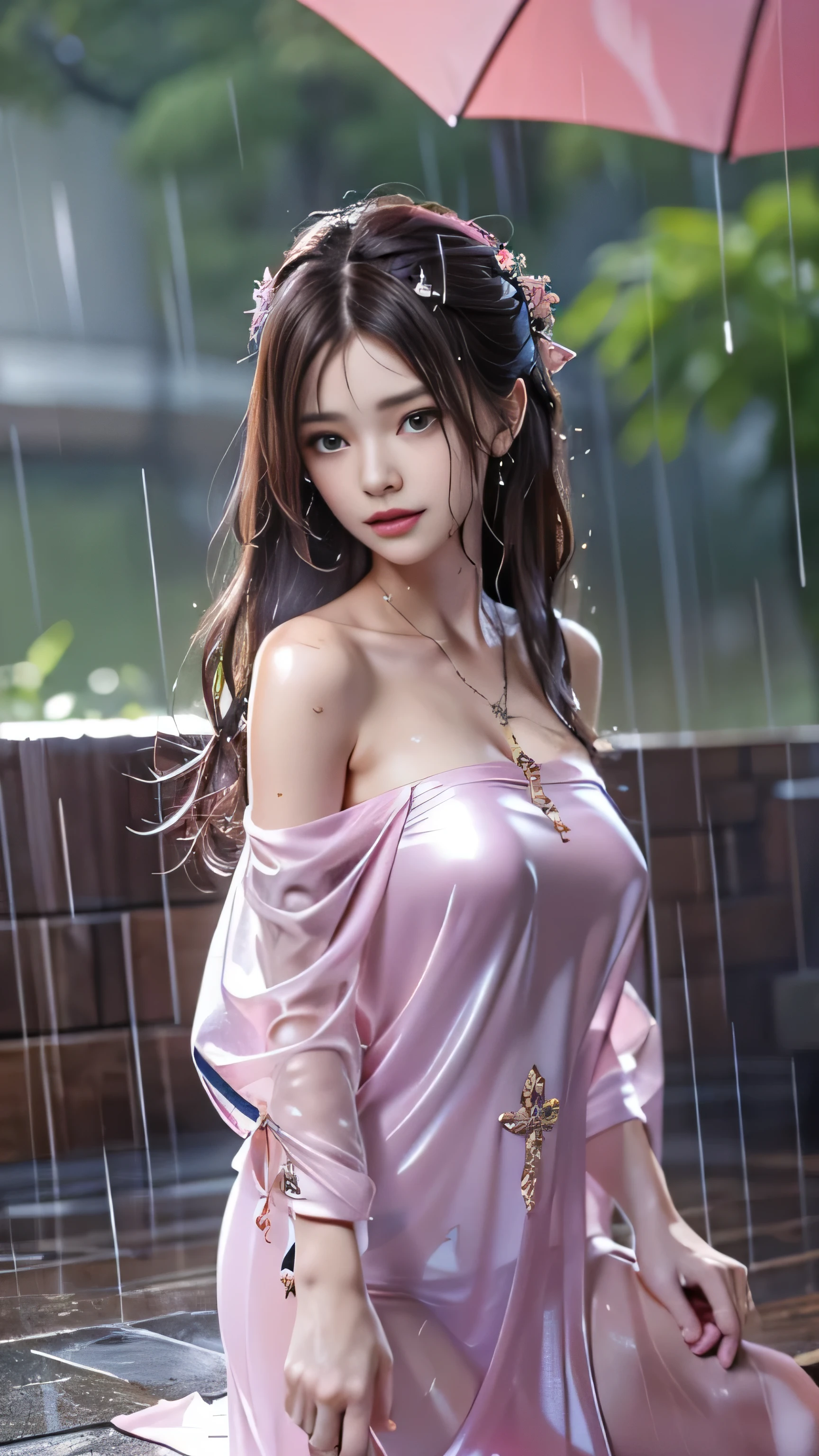 (highest quality、4k、masterpiece:1.3)、Beautiful woman、1 girl、sexy:1.1、dark brown hair:1.1、highly detailed face、lip details、detailed eye、double eyelid、(Pink nipples are transparent）、(Off-the-shoulder wet white dress)、(she is wet)、(A woman taking shelter from the rain in a park waiting room)