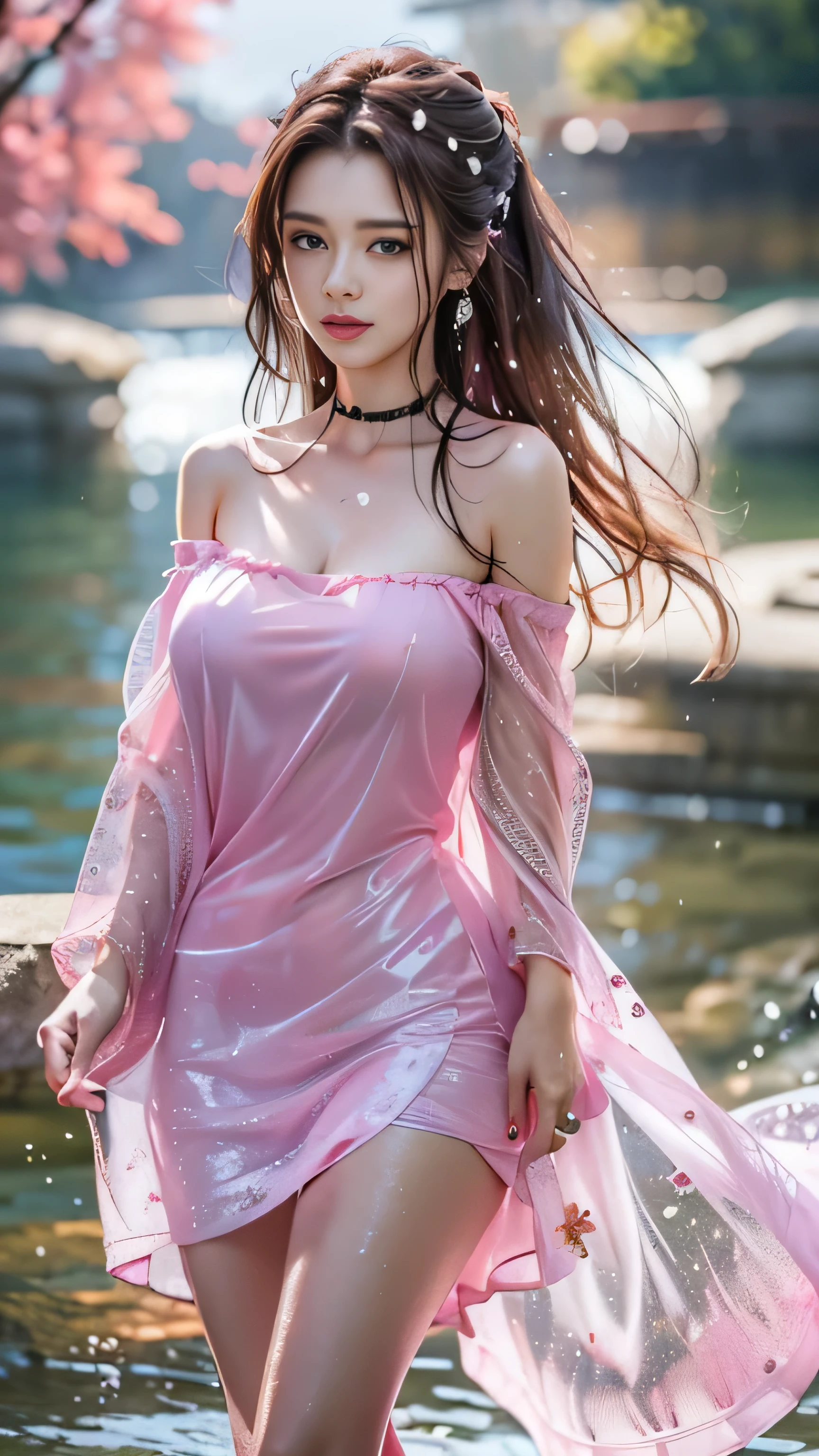 (highest quality、4k、masterpiece:1.3)、(Pretty woman walking in the park),1 girl、sexy:1.1、dark brown hair:1.1、highly detailed face、lip details、detailed eye、double eyelid、(medium sized breasts),(No bra),(Her pink nipples are visible through the fabric）、(Translucent off-shoulder wet white dress)、(she is wet)　(Her pink panties are visible through the)