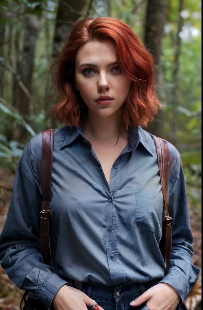 A photo of a pretty Scarlett Johansson with loose red hair, posing in a forest, bored, She wears a button-down shirt and pants., mascara, , (textured skin, pores de la peau:1.1), (Taupes:0.8), (peau imparfaite:1.1) Intricate details, chair de poule, Visage impeccable, (light freckles:0.9), ((photoreallistic):1.1), (..RAW, 8k:1.2), Sombre, muted colors, Ambiance ardoise,