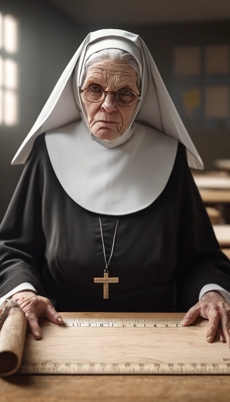 (best quality,8k,highres,masterpiece:1.2),abstract ,an old nun, big and fat, menacing, malicious, stands in the classroom between the desks with a large wooden ruler in her hand, ,surrounded by frightened students,