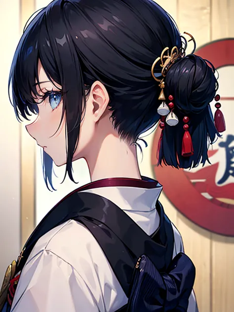 a (masterpiece, of the highest quality, ultra-detailed), featuring short black and navy hair, seen from behind, with the nape of...