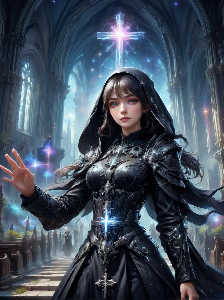 Fantasy game anime character，(nun:1.4)，((Wearing black nun clothes))，Waving the Galactic Cross，church background，the art of mathematics，Super detailed，Super detailed，HD，masterpiece，best quality