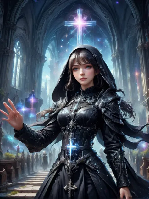 Fantasy game anime character，(nun:1.4)，((穿着黑色nun服))，Waving the Galactic Cross，church background，the art of mathematics，Super det...