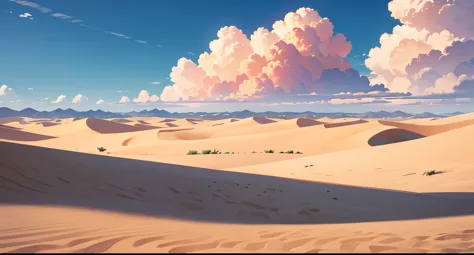 (illustrations : 1.0), photorealistic lighting, HD detail, summer, desert, sand, daytime, clouds, Overcast, 12 pm