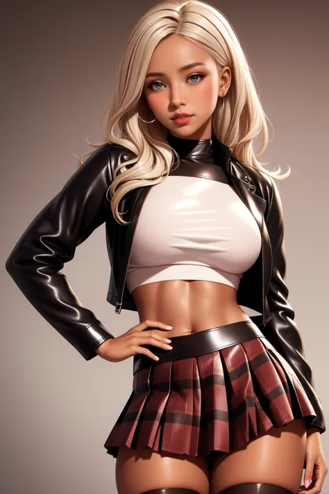 ultra-realistic, 1 girl, dark tanned skin, platinum blonde hair, brown eyes, improve, sparkling eyes, leather jacket, crop top s...