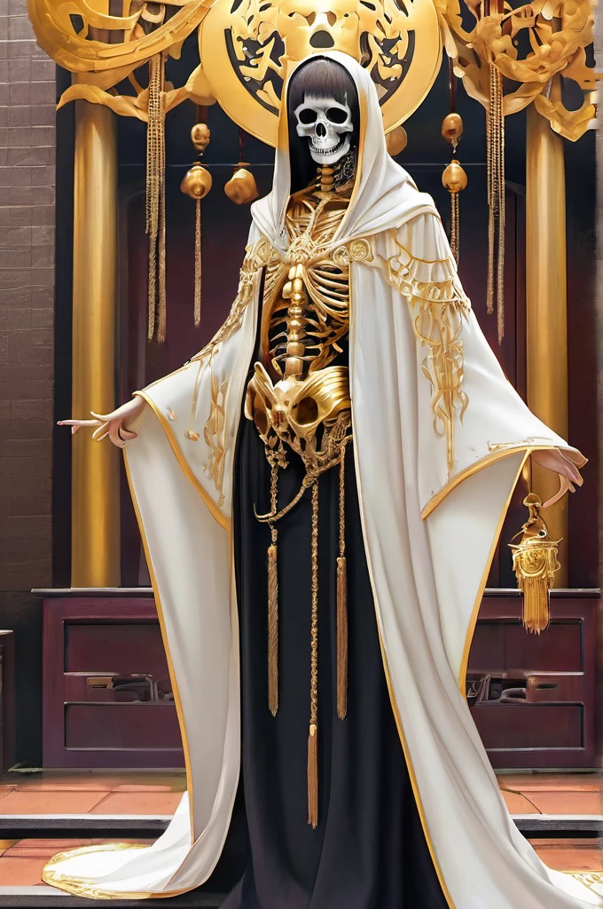 (Masterpiece), (Best quality), 1 girl, (shinigami),(breathingfire:1.5)， gazing, standing, watch audience, A cloak that covers the whole body, (Skeleton decorated robes), (A gold skull pendant hangs from his waist), (Armed with a death scythe:1.2), Transparent gold glowing gold skeleton, Skull boots, nipple tassels, Fire,fenghuang